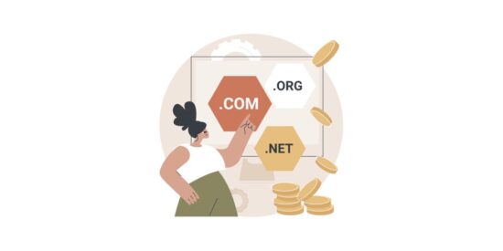 Bir domain yatırımcısı, ekranda görünen .COM, .ORG, .NET uzantıları arasından kârlı bir alan adı seçiyor. Etraftaki altın paralar bu yatırımın getirisini temsil ediyor.