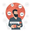 Alan adı yenileme sürecini temsil eden çizimde, bir kullanıcı akıllı telefonundaki arama çubuğuna domain yazıyor. Arka planda dünya ve .com, .org, .uk gibi çeşitli domain uzantıları bulunuyor.