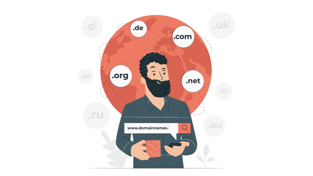 Alan adı yenileme sürecini temsil eden çizimde, bir kullanıcı akıllı telefonundaki arama çubuğuna domain yazıyor. Arka planda dünya ve .com, .org, .uk gibi çeşitli domain uzantıları bulunuyor.