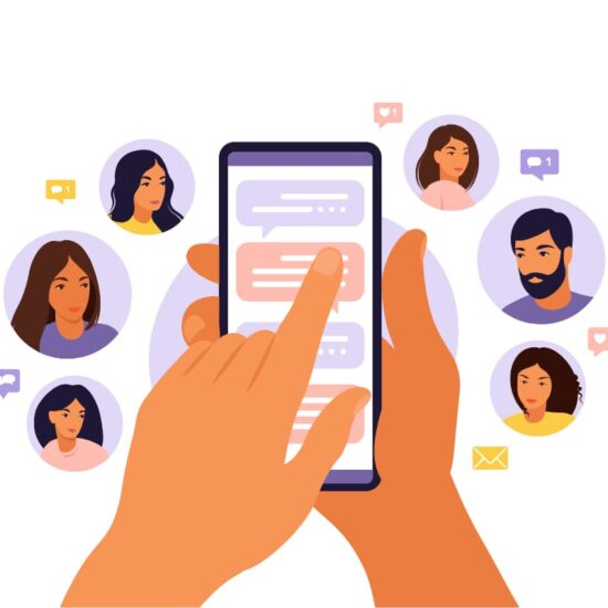 Bir satış ortağı, telefonunu kullanarak Hosting.com.tr Affiliate Sistemi'ni takipçilerine tanıtıyor. Çevresindeki profil ikonları, komisyon kazanmak için ulaşılan hedef kitleyi temsil ediyor.