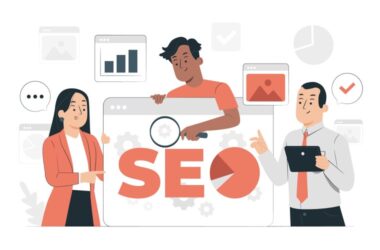 Görsel SEO optimizasyonu konseptini anlatan illüstrasyon. Bir ekip, üzerinde "SEO" yazan, büyüteçle incelenen ve veri grafikleri içeren bir arayüzü analiz ederek iş birliği yapıyor.