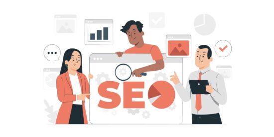 Görsel SEO optimizasyonu konseptini anlatan illüstrasyon. Bir ekip, üzerinde "SEO" yazan, büyüteçle incelenen ve veri grafikleri içeren bir arayüzü analiz ederek iş birliği yapıyor.