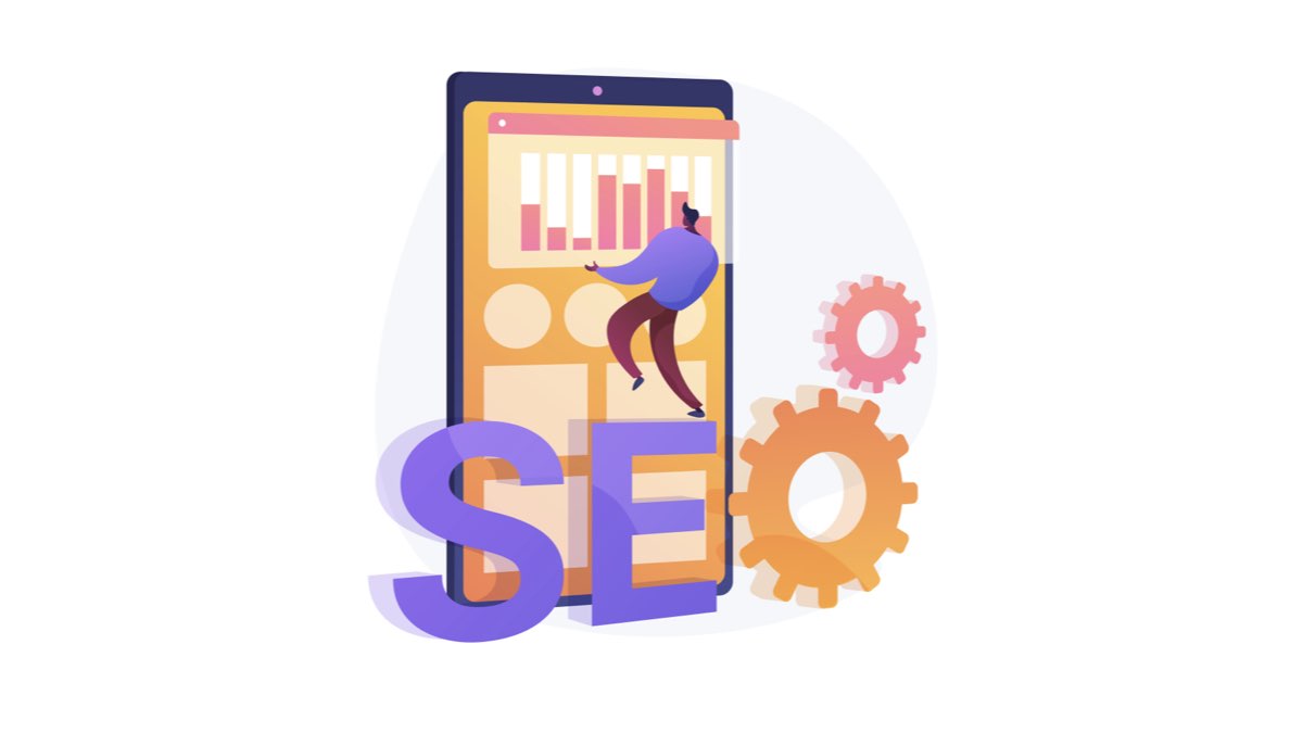 Bir SEO uzmanı, mobil cihazdaki SEO araçları panosunda yer alan performans grafiklerini analiz ediyor. Yandaki dişliler ve SEO harfleri, optimizasyon sürecini simgeliyor.