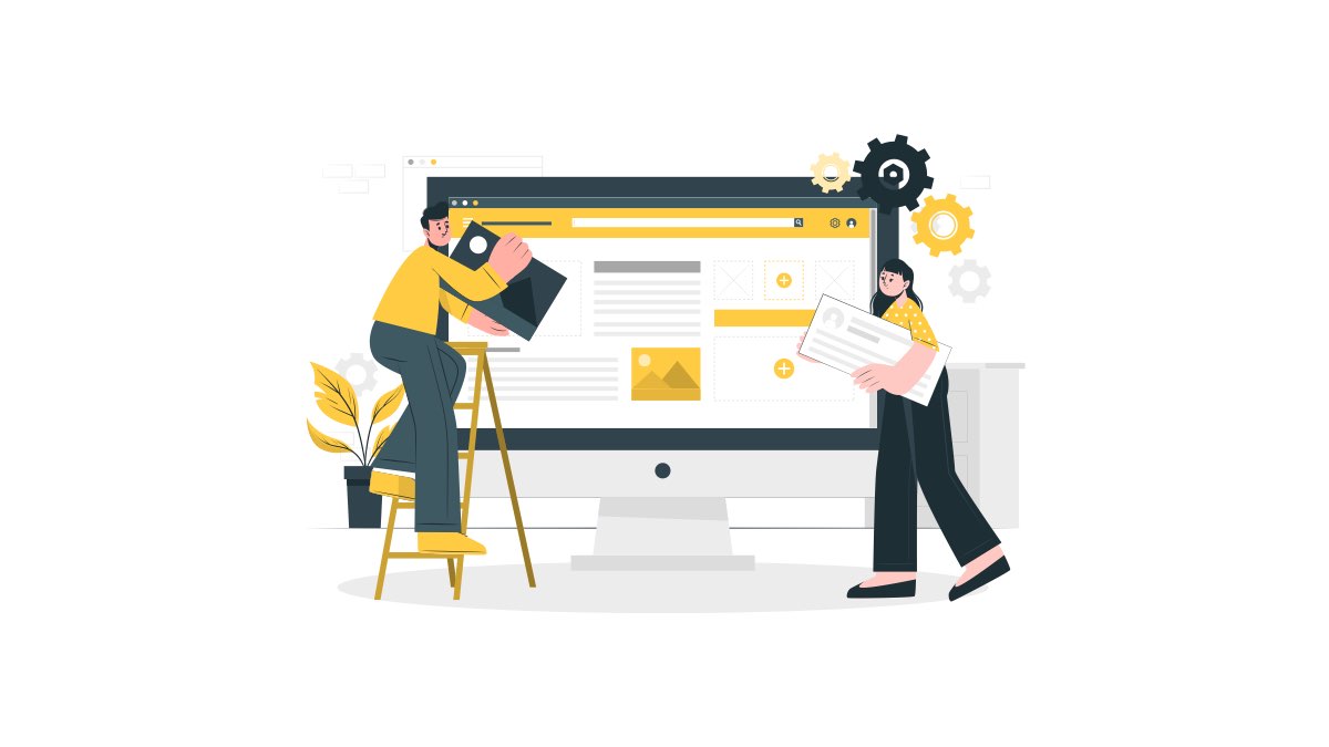 Merdivendeki bir erkek ve bir kadın, popüler WordPress eklentilerini temsil eden tasarım bloklarını ve işlevleri dev bir monitördeki web sitesine ekleyerek siteyi geliştiriyor.