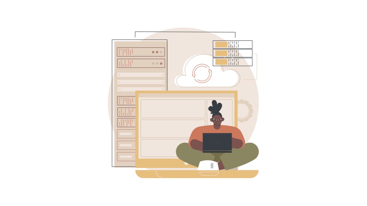 Dizüstü bilgisayarıyla mail server kurulumu yapan bir yönetici. Arka plandaki fiziksel sunucu ve bulut simgesi, e-posta sunucusu altyapısının nasıl çalıştığını ve yönetildiğini temsil ediyor.