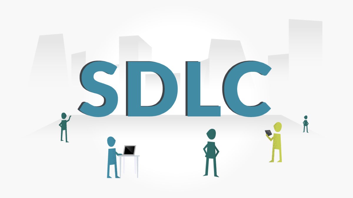 Yazılım Geliştirme Yaşam Döngüsü (SDLC) sürecini simgeleyen illüstrasyon. Büyük SDLC harfleri çevresinde toplanmış ekip üyeleri, laptop ve tabletlerle etkileşim kuruyor.