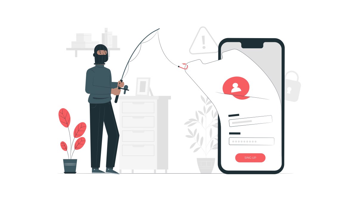 Kar maskeli bir siber suçlu, oltayla akıllı telefonun giriş ekranından bir kullanıcının kimlik bilgilerini çalıyor. Bu görsel, phishing (oltalama) saldırısı kavramını sembolize etmektedir.