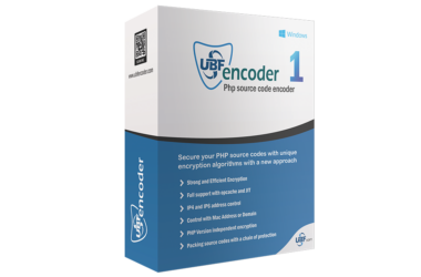 UBF Encoder PHP kaynak kod şifreleme yazılımının ürün kutusu. Mavi ve beyaz kutu, opcache desteği, IP adresi kontrolü ve sürüm bağımsız şifreleme gibi temel özelliklerini listeler.