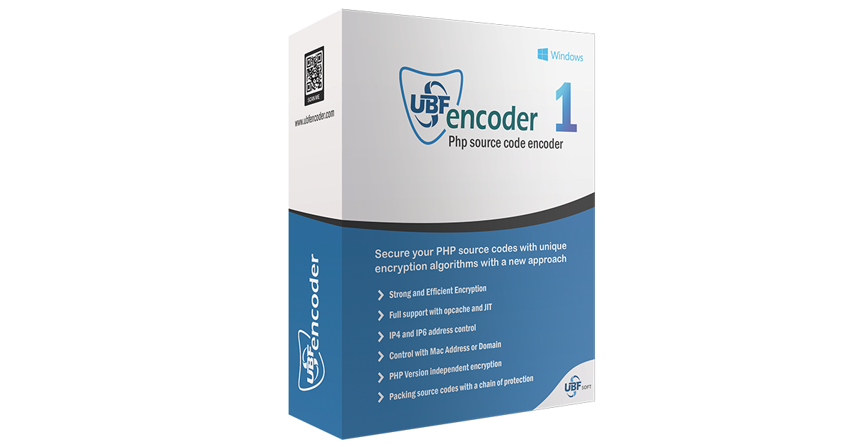 UBF Encoder PHP kaynak kod şifreleme yazılımının ürün kutusu. Mavi ve beyaz kutu, opcache desteği, IP adresi kontrolü ve sürüm bağımsız şifreleme gibi temel özelliklerini listeler.