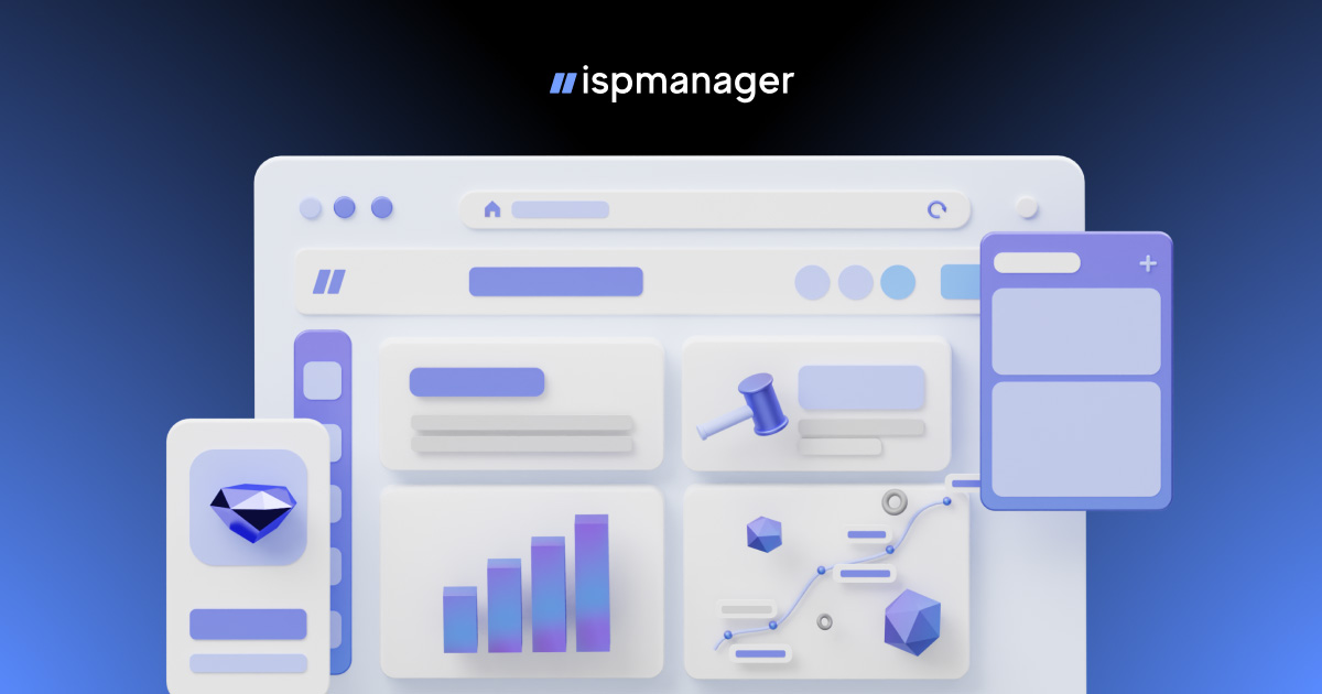 Ispmanager sunucu yönetim panelinin kullanıcı dostu arayüzünü gösteren 3D illüstrasyon. İstatistikler, grafikler ve çeşitli yönetim araçları içeren modüler bir yapı sergileniyor.