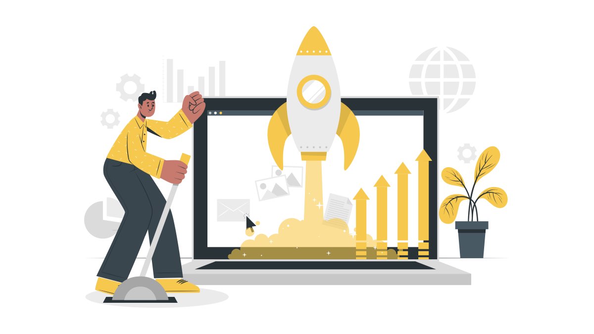 Bir adam, e-ticaret sitesi hızlandırma işlemini bir kolu çekerek başlatıyor. Dizüstü bilgisayar ekranından bir roket fırlıyor ve yükselen grafikler site performansının arttığını gösteriyor.
