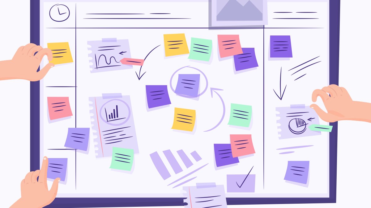 Yazılım geliştiriciler için proje yönetimini simgeleyen Kanban panosu. Ekip, renkli notlar ve grafiklerle görevleri planlayıp iş akışını organize ediyor.