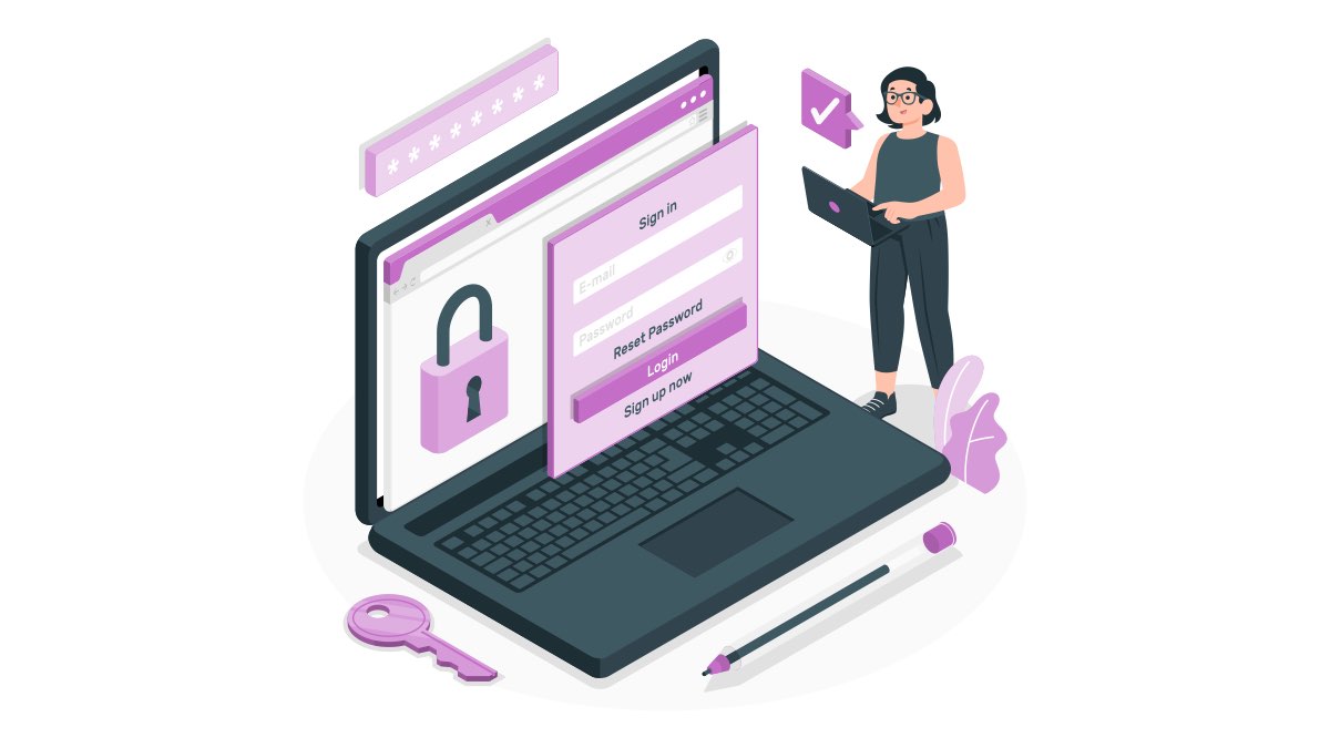 Web sitesi güvenliği sağlayan bir uzman, kilit simgeli ve parola korumalı giriş ekranını yönetiyor. İllüstrasyon, SSL sertifikası ve güçlü şifre kullanımının önemini gösteriyor.