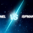 cPanel ve ispmanager, 2025 fiyat/performans karşılaştırması için teknolojik bir fonda karşı karşıya geliyor. Parlak mavi bir lazer ışını, iki rakip kontrol panelini ayırıyor.