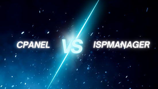 cPanel ve ispmanager, 2025 fiyat/performans karşılaştırması için teknolojik bir fonda karşı karşıya geliyor. Parlak mavi bir lazer ışını, iki rakip kontrol panelini ayırıyor.