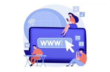 Alan adı kayıt kurallarını temsil eden illüstrasyon: İnternet tarayıcısına alan adı girilirken, etrafındaki insanlar çevrim içi marka varlığını ve ticareti simgeliyor.