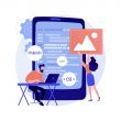 Bir developer portföyü için proje hazırlayan iki yazılımcı. Biri laptopla kod yazarken diğeri mobil arayüze görsel bir bileşen yerleştiriyor. Arka planda HTML ve CSS kodları yer alıyor.