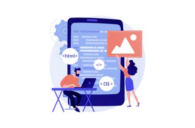Bir developer portföyü için proje hazırlayan iki yazılımcı. Biri laptopla kod yazarken diğeri mobil arayüze görsel bir bileşen yerleştiriyor. Arka planda HTML ve CSS kodları yer alıyor.