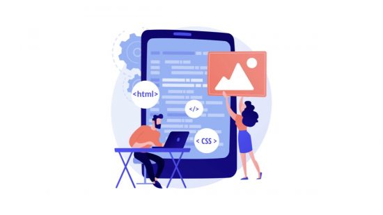 Bir developer portföyü için proje hazırlayan iki yazılımcı. Biri laptopla kod yazarken diğeri mobil arayüze görsel bir bileşen yerleştiriyor. Arka planda HTML ve CSS kodları yer alıyor.