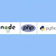 Node.js, PHP ve Python logoları, bir web projesi için doğru back-end teknolojisini seçme kararını simgelemek üzere mavi arka planda yan yana duruyor.