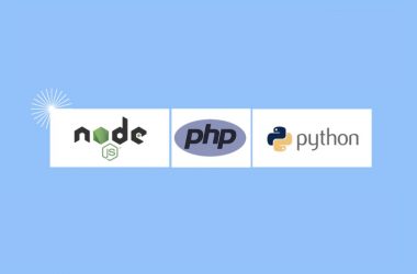 Node.js, PHP ve Python logoları, bir web projesi için doğru back-end teknolojisini seçme kararını simgelemek üzere mavi arka planda yan yana duruyor.