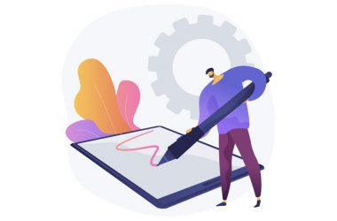 Büyük bir dijital kalemle tablet ekranına imzasını çizen bir kişi, profesyonel e-posta imzası oluşturma sürecini temsil ediyor. Arkada ayarları simgeleyen bir dişli çark bulunur.