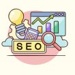 Hosting - Sunucu Konumu SEO ve Site Hızını Nasıl Etkiler? konseptini anlatan illüstrasyon. Büyüyen bir grafik, analiz için büyüteç, fikirler için ampul ve SEO etiketi, doğru sunucu seçiminin site hızını ve arama sıralamalarını nasıl olumlu yönde etkilediğini canlı renklerle görselleştiriyor.