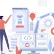 Bir kişi, yapay zeka destekli araçları kullanarak bir web sitesi oluşturma sürecini yönetiyor; ekranda AI sohbet botu, kodlama, veri tabanı ve tasarım öğeleri gibi farklı aşamalar gösteriliyor.