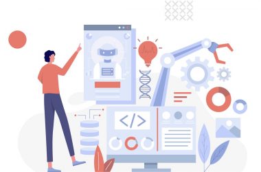 Bir kişi, yapay zeka destekli araçları kullanarak bir web sitesi oluşturma sürecini yönetiyor; ekranda AI sohbet botu, kodlama, veri tabanı ve tasarım öğeleri gibi farklı aşamalar gösteriliyor.