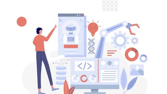 Bir kişi, yapay zeka destekli araçları kullanarak bir web sitesi oluşturma sürecini yönetiyor; ekranda AI sohbet botu, kodlama, veri tabanı ve tasarım öğeleri gibi farklı aşamalar gösteriliyor.