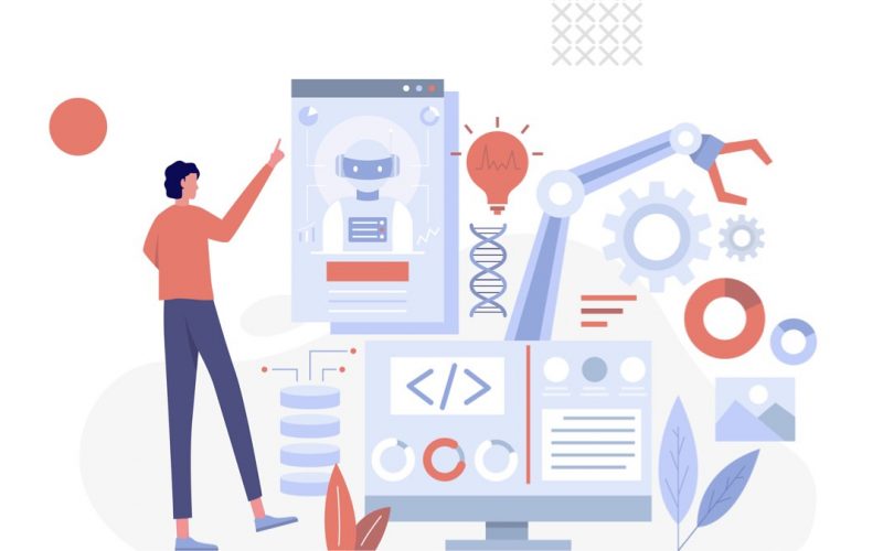 Bir kişi, yapay zeka destekli araçları kullanarak bir web sitesi oluşturma sürecini yönetiyor; ekranda AI sohbet botu, kodlama, veri tabanı ve tasarım öğeleri gibi farklı aşamalar gösteriliyor.